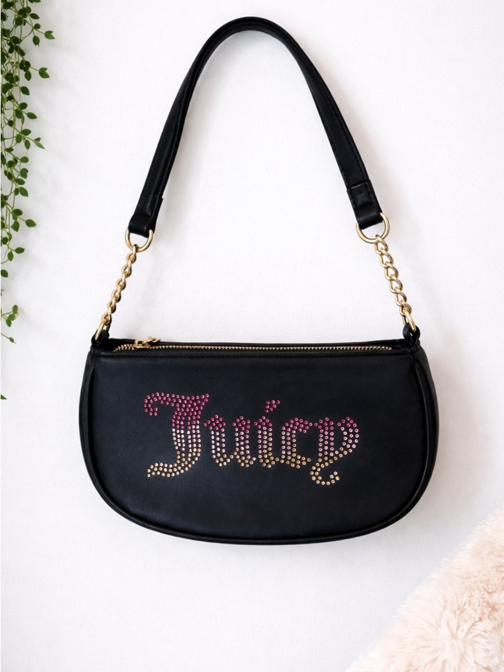 Juicy Couture Black Shoulder Bag with Pink-Gold Rhinestone 'Juicy' Logo